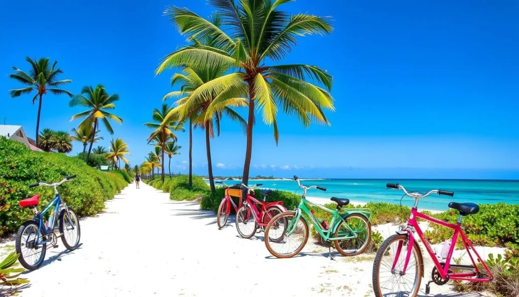 Bicycles parked near a beach path in Blossom Village