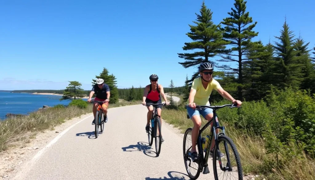 Bicyclists riding along a scenic coastal road on Islesboro Island with Penobscot Bay views