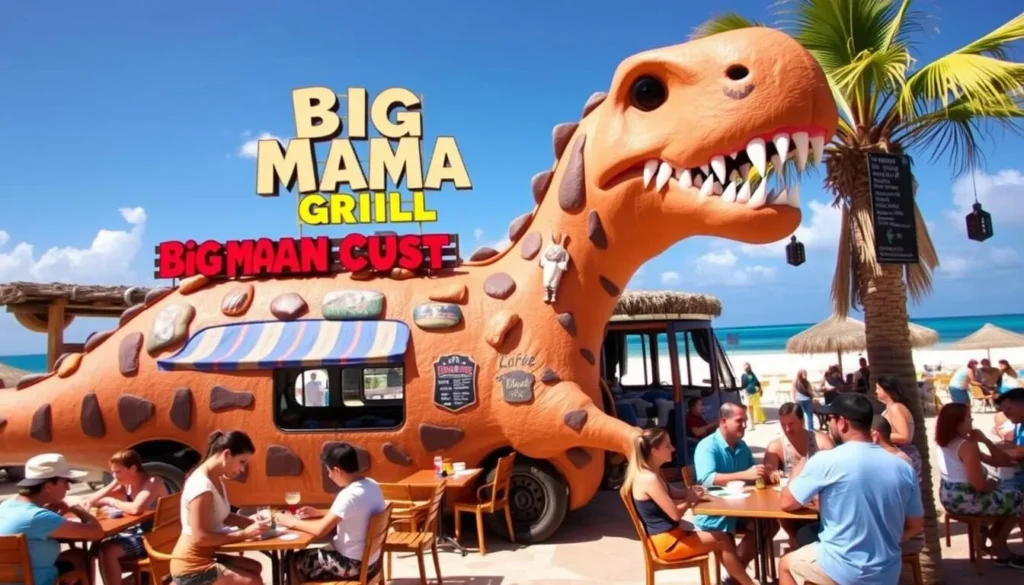 Big Mama Grill restaurant at Baby Beach with its iconic Flintstones-style decor