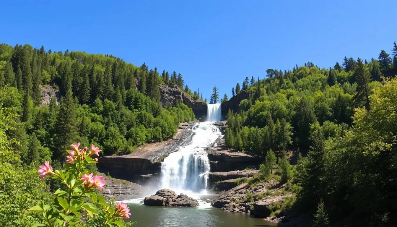 Big Manitou Falls at Pattison State Park Wisconsin cascading 165 feet down rocky cliffs surrounded by lush forest