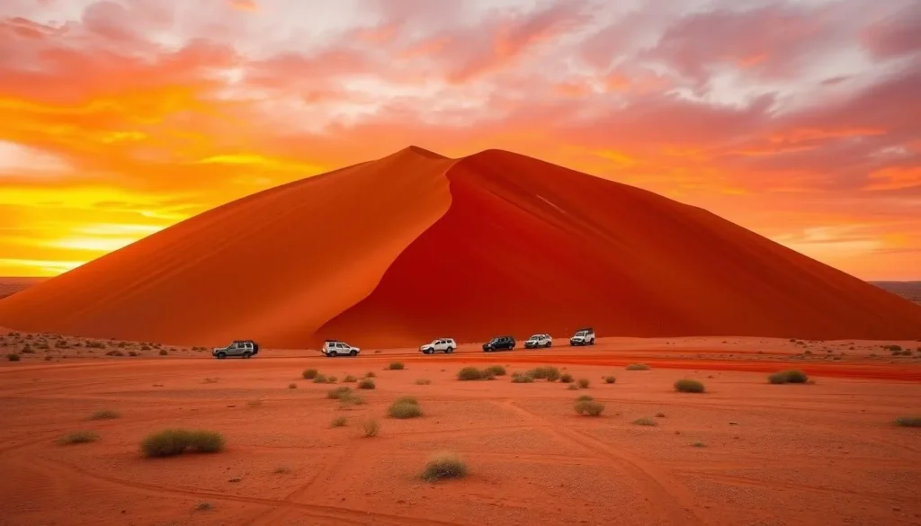 Big Red sand dune at sunset with 4WD vehicles in Birdsville, Queensland Big Red sand dune at sunset with 4WD vehicles in Birdsville, Queensland