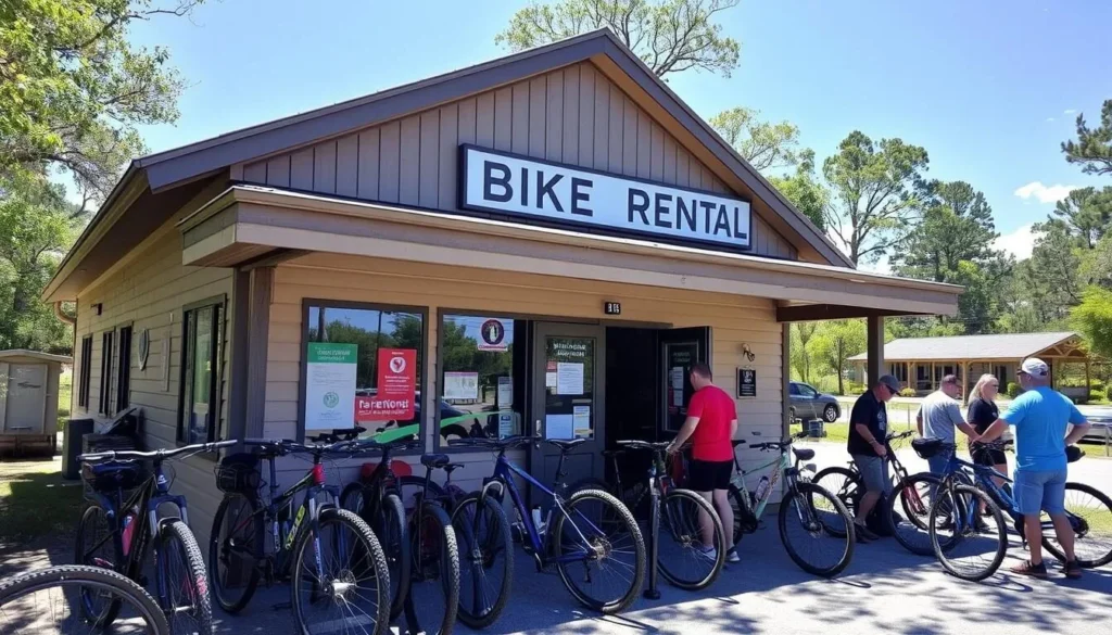 Bike rental shop at Alafia River State Park with mountain bikes on display