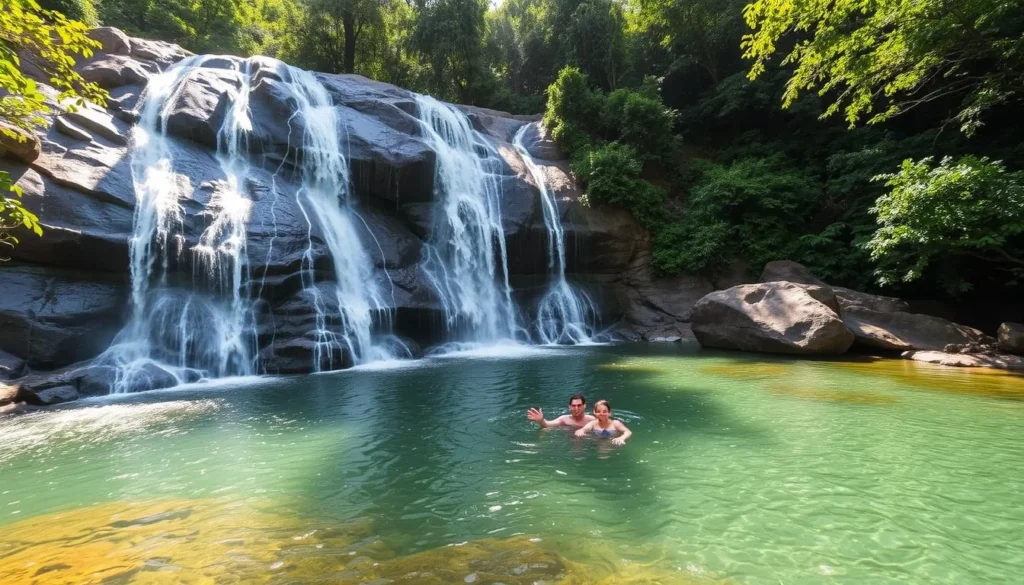 Billy Barquedier National Park waterfall during dry season with visitors swimming Billy Barquedier National Park waterfall during dry season with visitors swimming