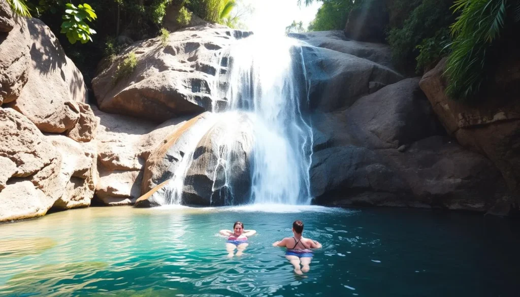 Billy Barquedier waterfall with swimmers enjoying the natural pool Billy Barquedier waterfall with swimmers enjoying the natural pool