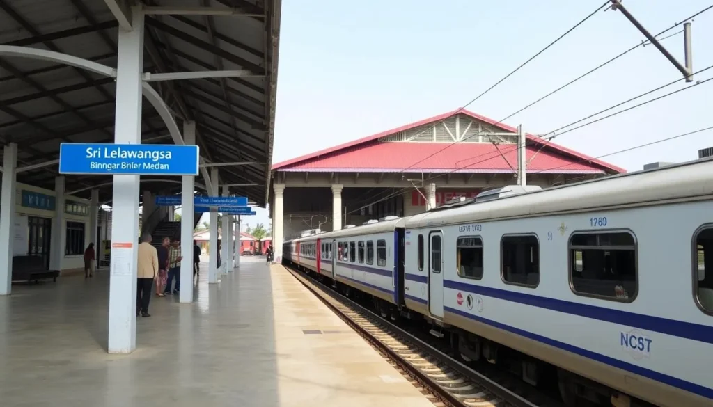 Binjai train station with the Sri Lelawangsa commuter train connecting Binjai and Medan, North Sumatra, Indonesia