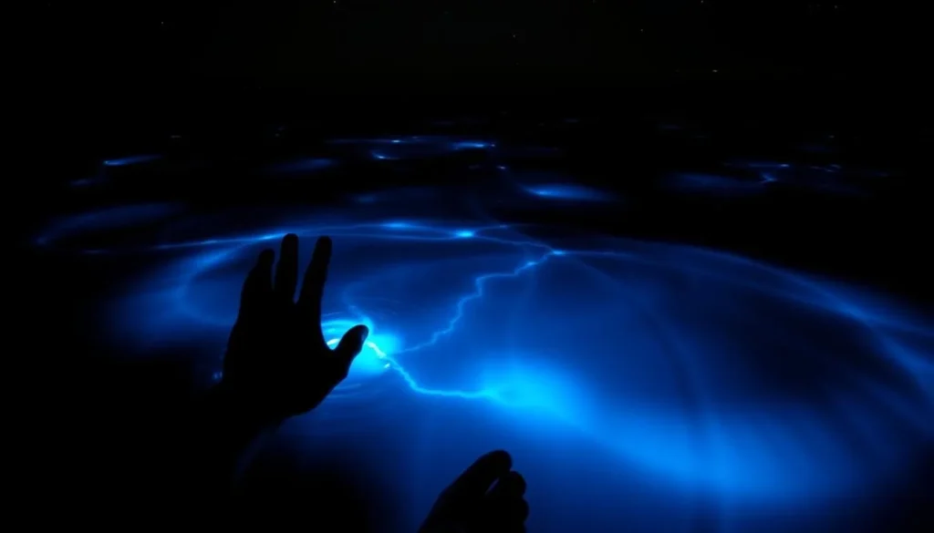 Bioluminescent plankton glowing in Lagunas de Chacahua waters at night