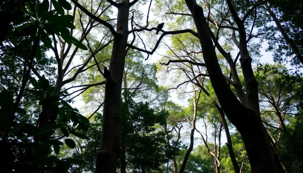 Bird watching in Bukit Tigapuluh National Park with hornbills visible in the canopy Bird watching in Bukit Tigapuluh National Park with hornbills visible in the canopy