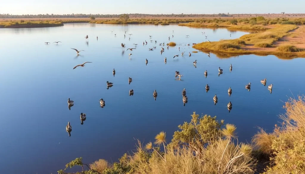 Birdsville Billabong with water birds and reflection in Birdsville, Queensland Birdsville Billabong with water birds and reflection in Birdsville, Queensland