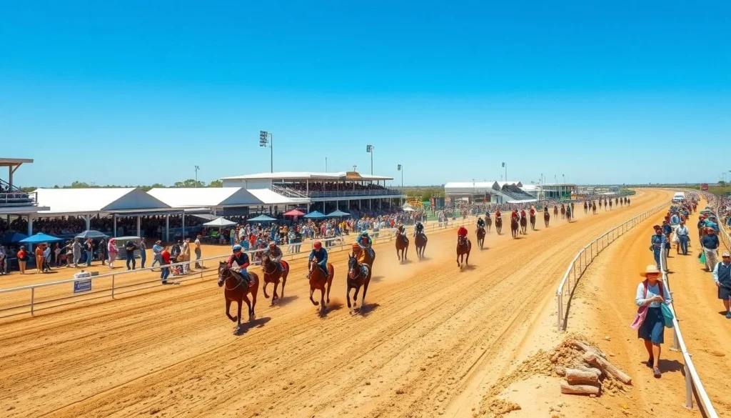 Birdsville Races with crowds and horses racing in Birdsville, Queensland Birdsville Races with crowds and horses racing in Birdsville, Queensland