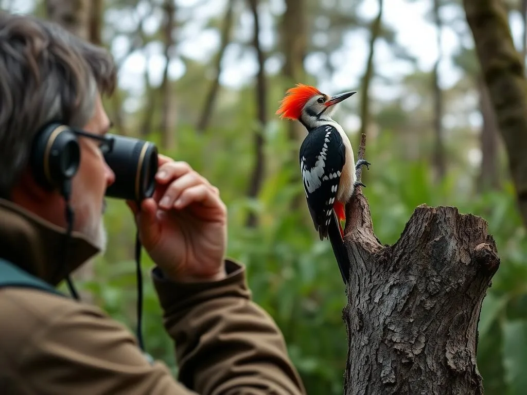 Birdwatcher observing Magellanic Woodpecker in Pumalin Park Chile