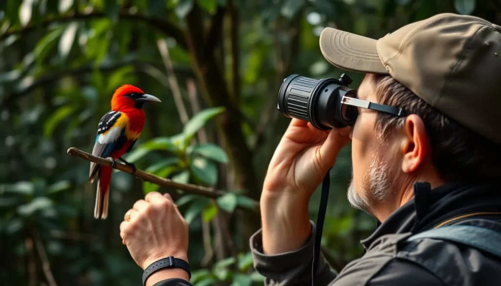 Birdwatcher observing the Cuban Trogon (Tocororo), Cuba's national bird, in La Bayamesa National Park