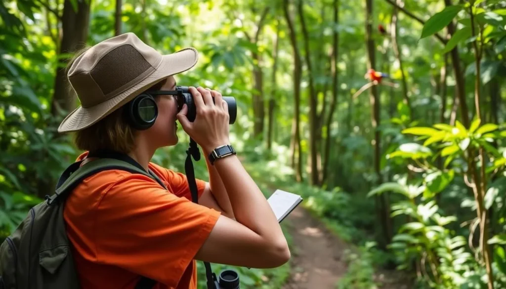 Birdwatcher observing tropical birds in Capiro Calentura National Park Birdwatcher observing tropical birds in Capiro Calentura National Park