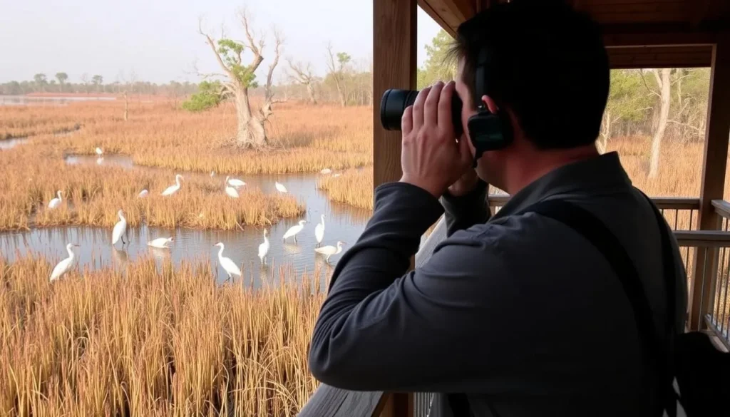 Birdwatcher observing waterbirds at Brazos Bend State Park