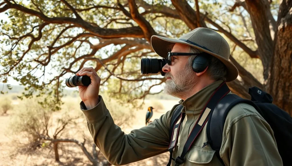 Birdwatcher with binoculars spotting birds in El Feidja National Park
