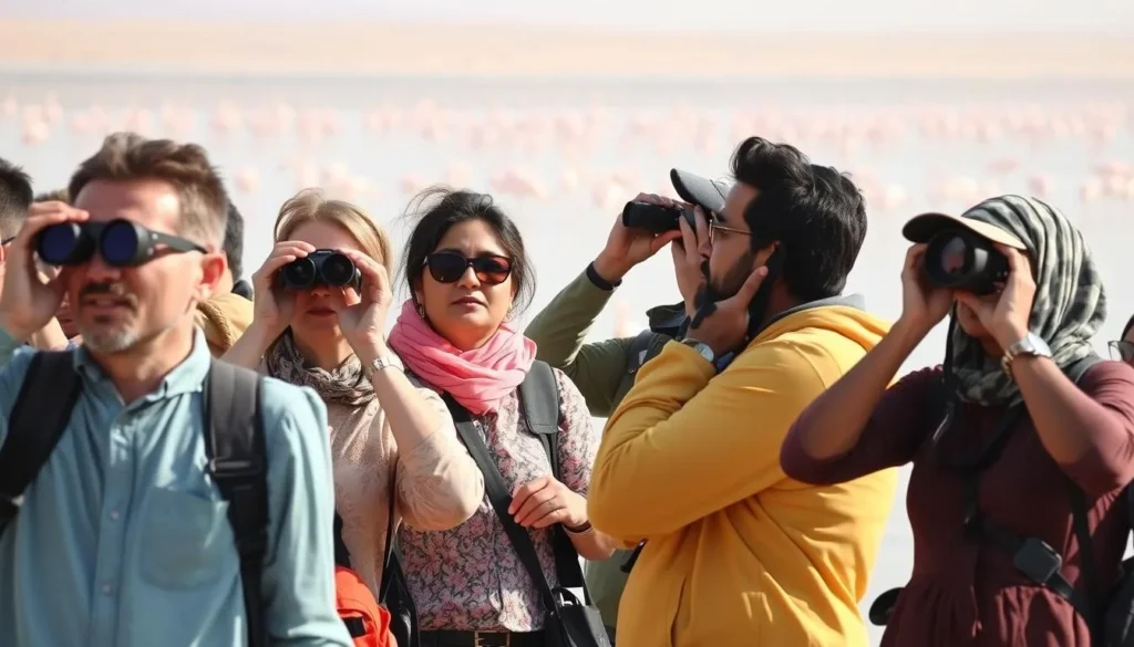 Birdwatchers observing flamingos and other bird species at Khenifiss lagoon