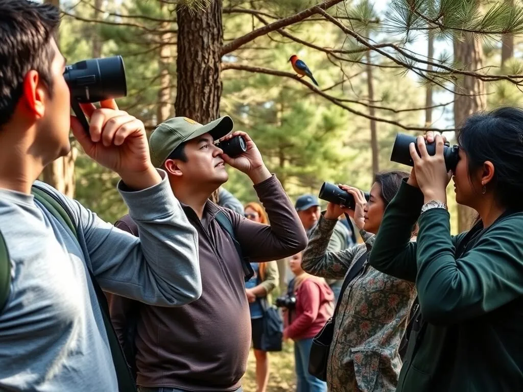 Birdwatchers observing local species in the forests surrounding Tlalmanalco