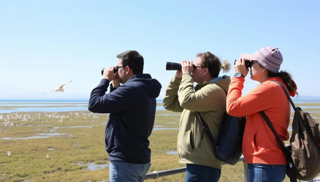Birdwatchers observing migratory birds at Lake Dzhankho with binoculars and cameras Birdwatchers observing migratory birds at Lake Dzhankho with binoculars and cameras