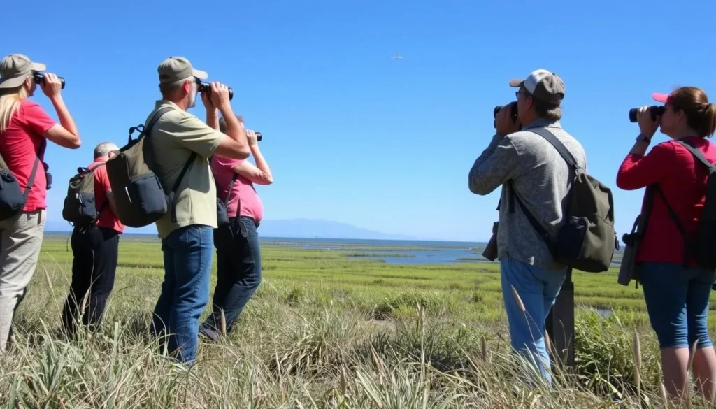 Birdwatchers observing wildlife in the tidal marshes of Benicia State Recreation Area Birdwatchers observing wildlife in the tidal marshes of Benicia State Recreation Area