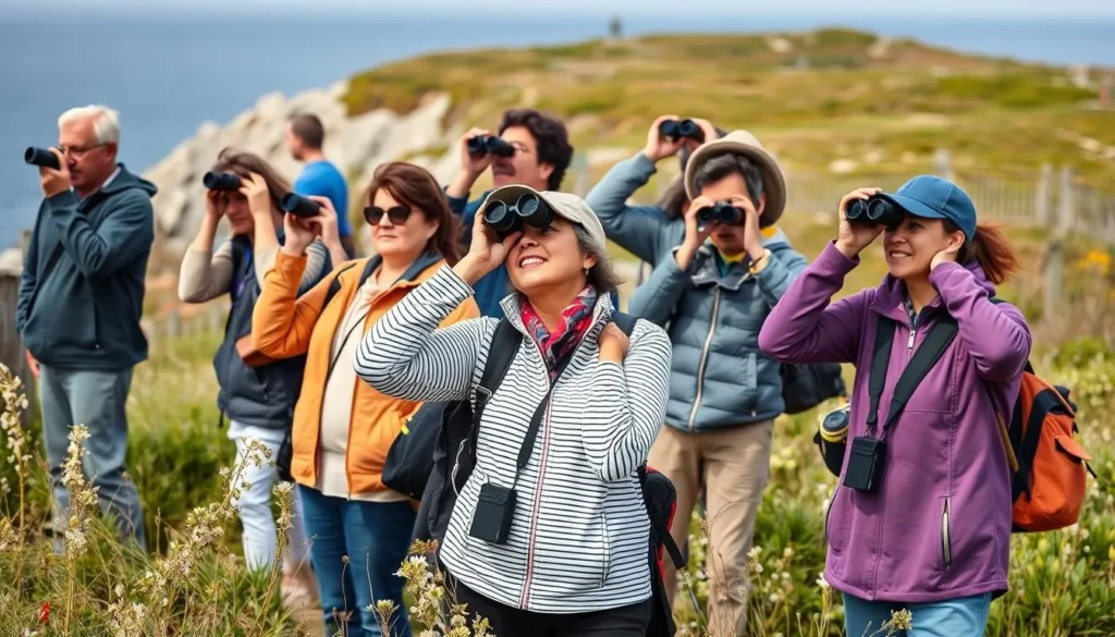 Birdwatchers on Monhegan Island observing migratory birds with binoculars along coastal trail Birdwatchers on Monhegan Island observing migratory birds with binoculars along coastal trail