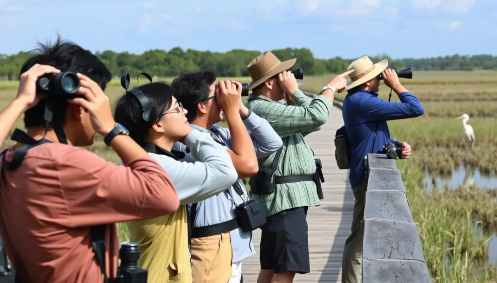 Birdwatchers with binoculars observing wildlife in Charlotte Harbor Preserve State Park Birdwatchers with binoculars observing wildlife in Charlotte Harbor Preserve State Park