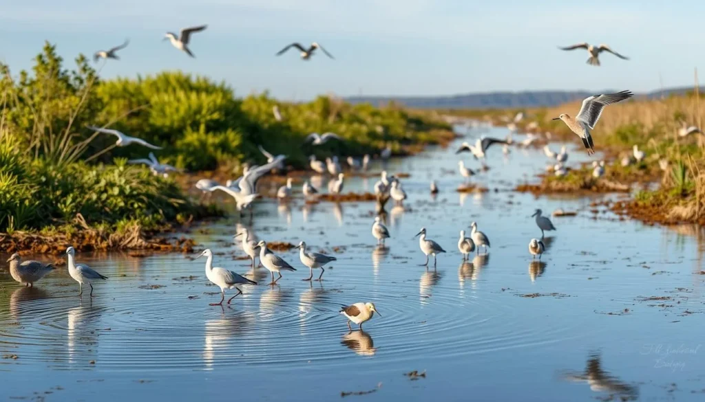 Birdwatching at Malibu Lagoon with migratory birds in the wetland habitat