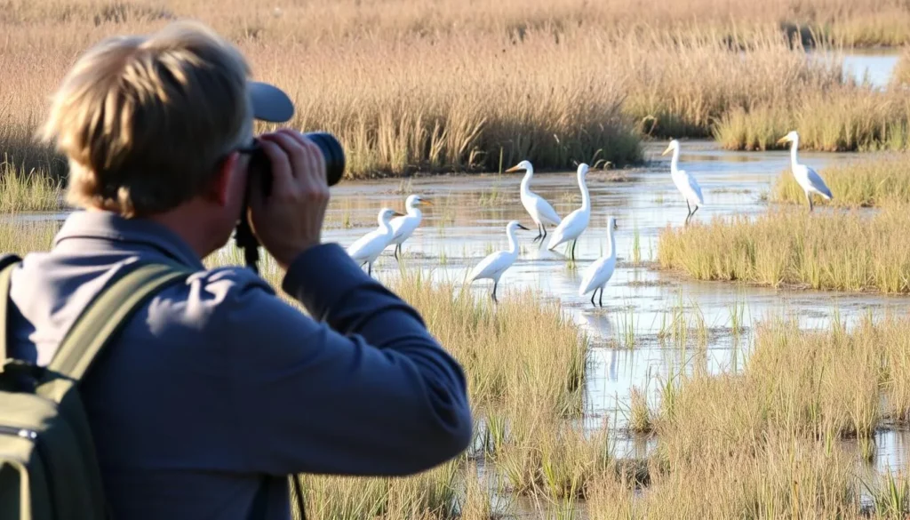 Birdwatching at Rowlett wetlands with herons and egrets visible in their natural habitat