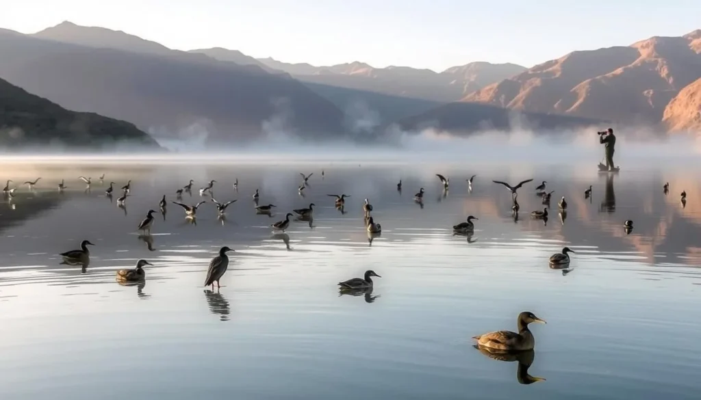 Birdwatching at one of the twin lakes in Haut Atlas Oriental National Park with various waterbird species visible
