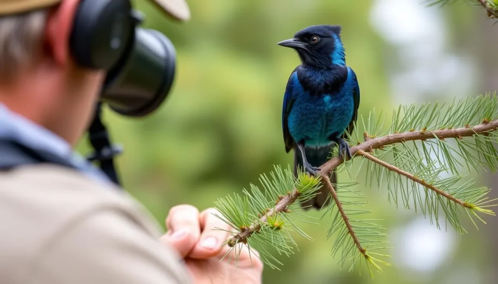 Birdwatching in Cofre de Perote National Park with a Steller's Jay visible in a pine tree