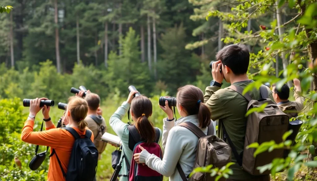 Birdwatching in Thrumshingla National Park with spotting scopes