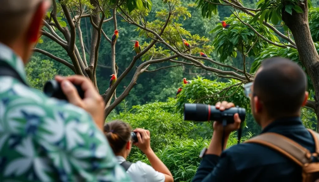 Birdwatching in Wasur National Park with colorful birds of paradise visible in the trees