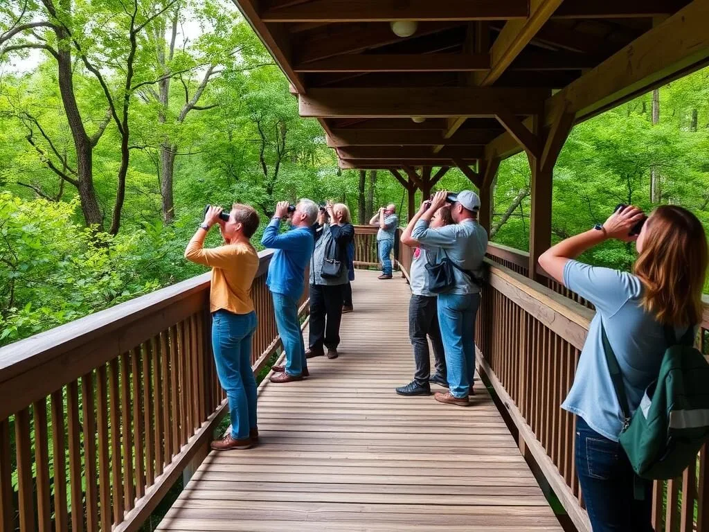 Birdwatching platform at Dogwood Canyon Audubon Center with visitors observing wildlife Birdwatching platform at Dogwood Canyon Audubon Center with visitors observing wildlife