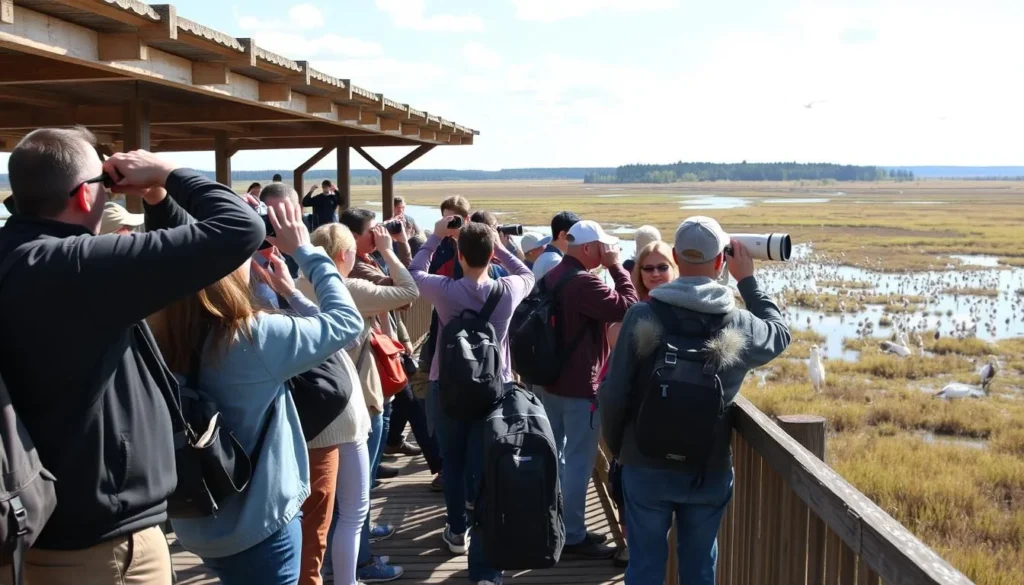 Birdwatching platform at Lake Khanka with visitors observing waterfowl through binoculars