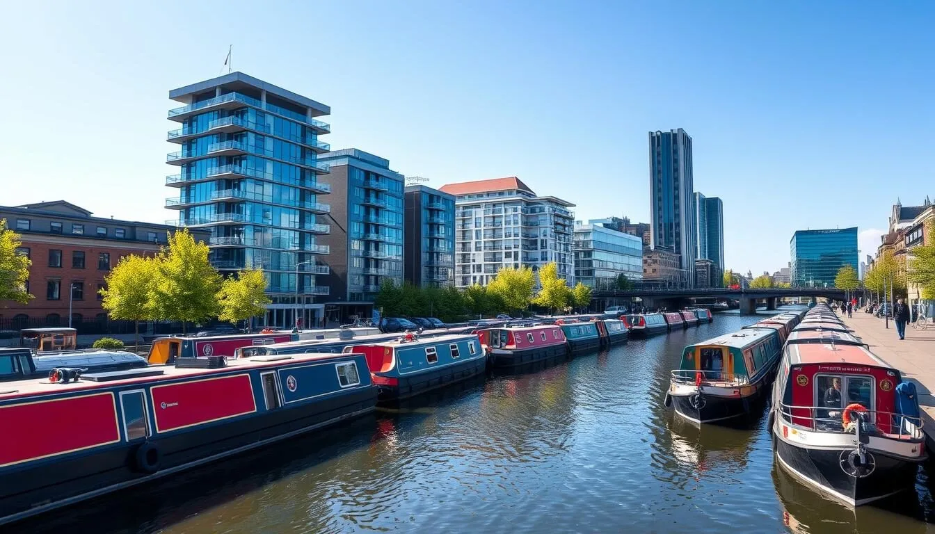Birmingham-England-canal-network-with-colorful-narrowboats-and-modern-buildings-in-the Birmingham England canal network with colorful narrowboats and modern buildings in the background