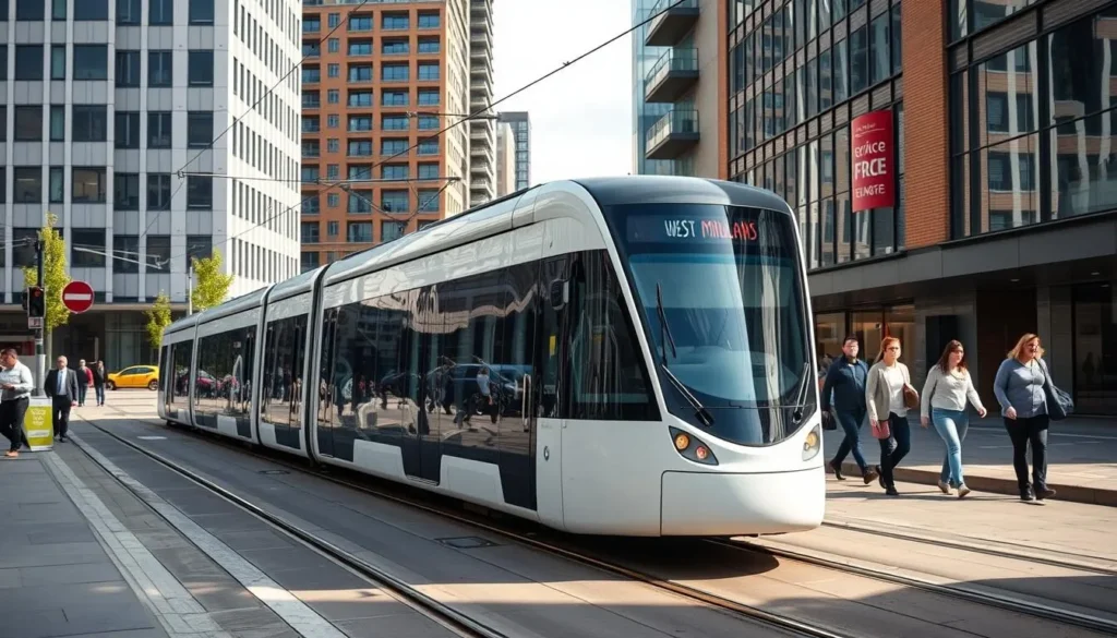 Birmingham's West Midlands Metro tram passing through the modern city center Birmingham's West Midlands Metro tram passing through the modern city center