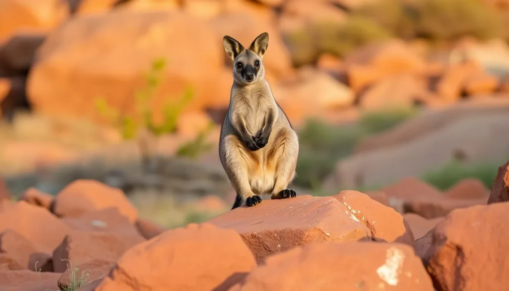 Black-footed rock wallaby perched on rocks in the Macdonnell Ranges