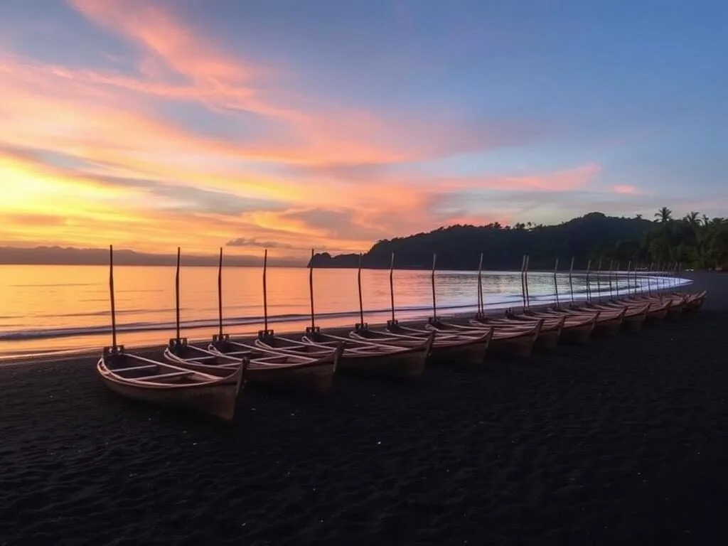 Black sand beach at Lovina with traditional outrigger boats and calm waters at sunset