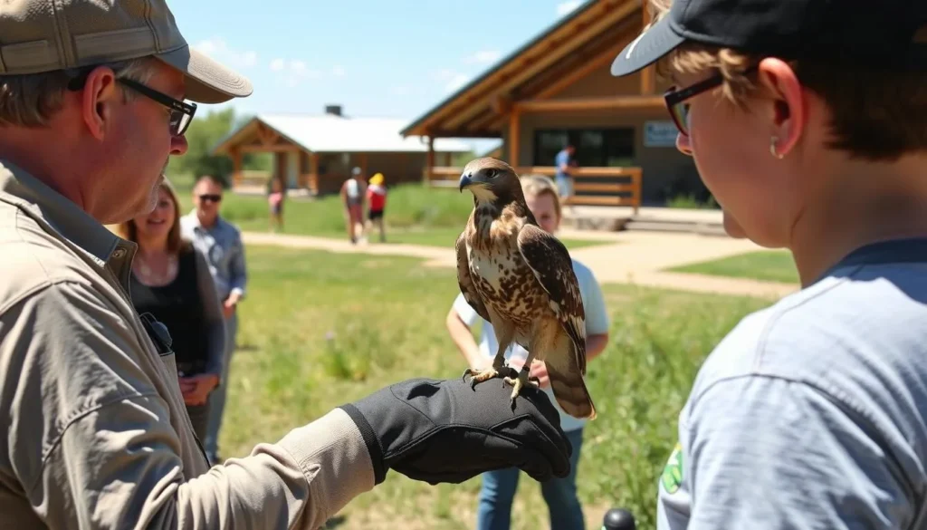 Blackland Prairie Raptor Center in Wylie with a handler showing a rescued hawk during an educational presentation