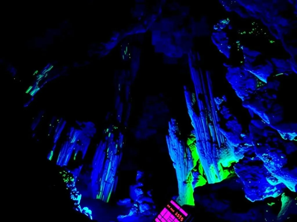 Blacklight tour at Longhorn Cavern State Park, Texas revealing fluorescent minerals in the darkness