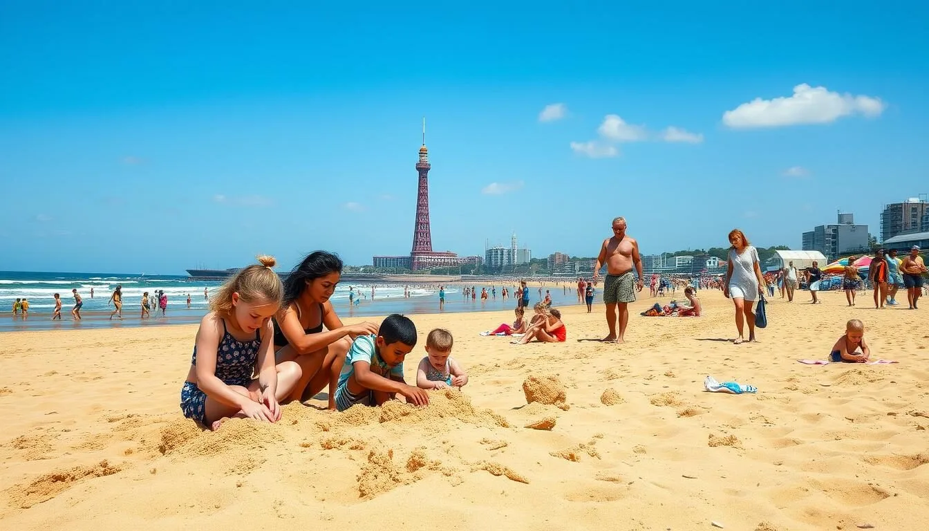 Blackpool beach in summer with families enjoying the sunshine and sea