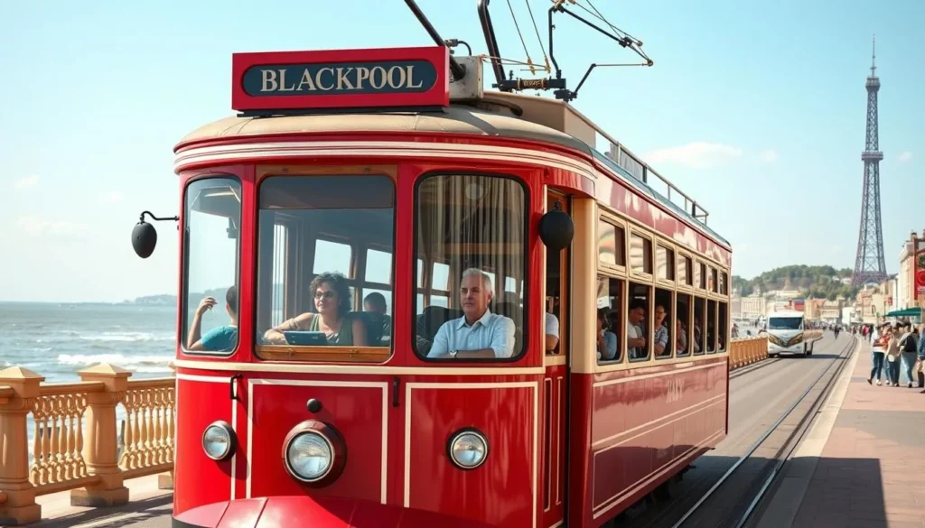 Blackpool's famous heritage tram traveling along the promenade with the sea in background