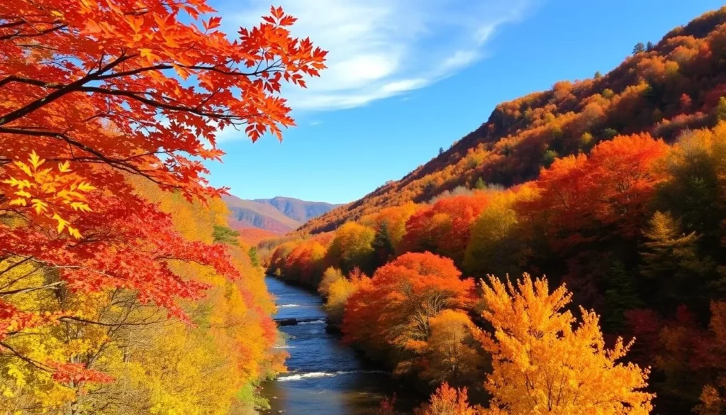 Blackwater Falls State Park in autumn with vibrant fall foliage reflecting in the amber waters