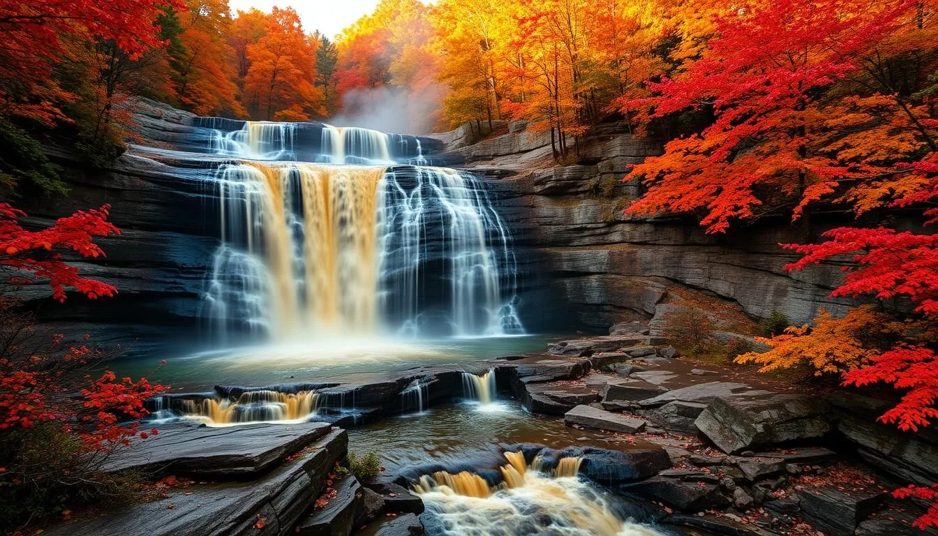 Blackwater Falls in autumn with amber-colored water cascading over rocks surrounded by colorful fall foliage