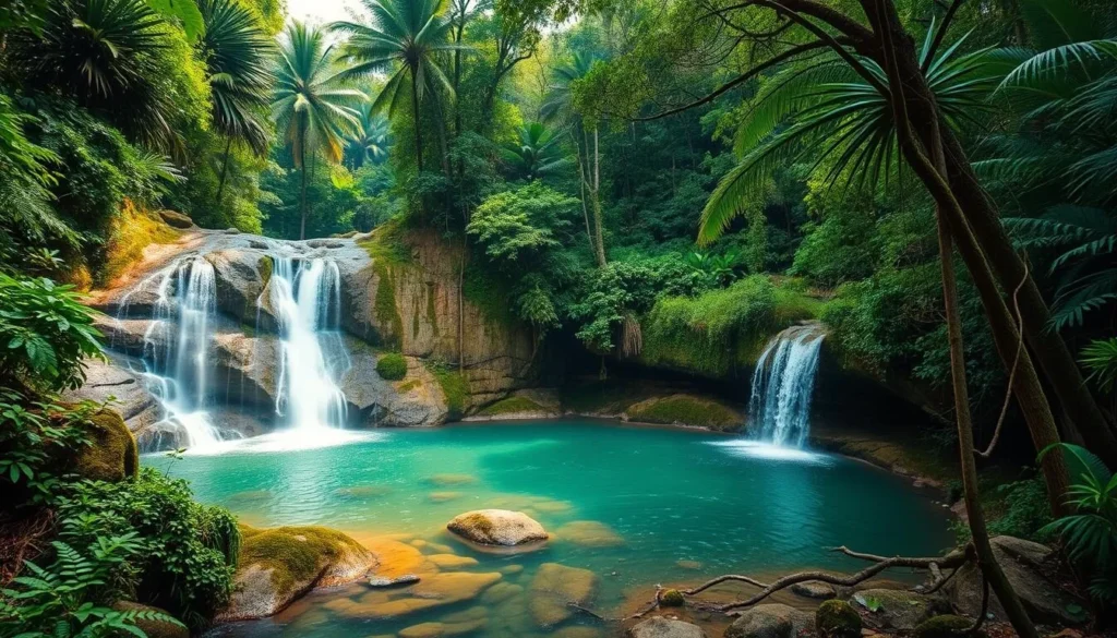 Blang Kolam Waterfall surrounded by lush tropical forest near Lhokseumawe