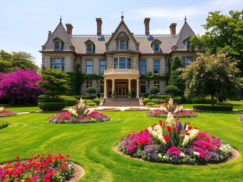 Blithewold Mansion and Gardens in Bristol Rhode Island with flowering gardens Blithewold Mansion and Gardens in Bristol Rhode Island with flowering gardens