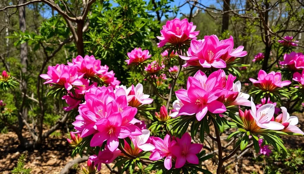 Blooming azaleas in vibrant pink and white colors at Azalea State Natural Reserve, California in spring