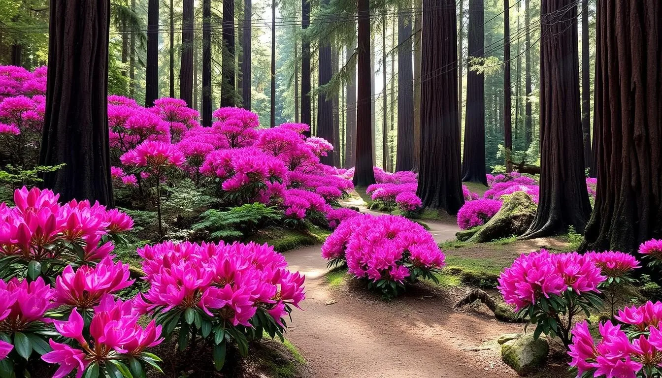 Blooming pink rhododendrons along a forest trail at Kruse Rhododendron State Natural Reserve