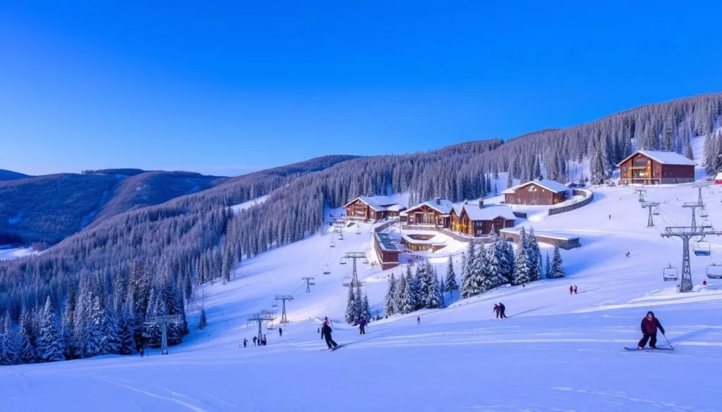 Blue Mountain Resort in winter with snow-covered slopes and skiers enjoying the perfect powder conditions