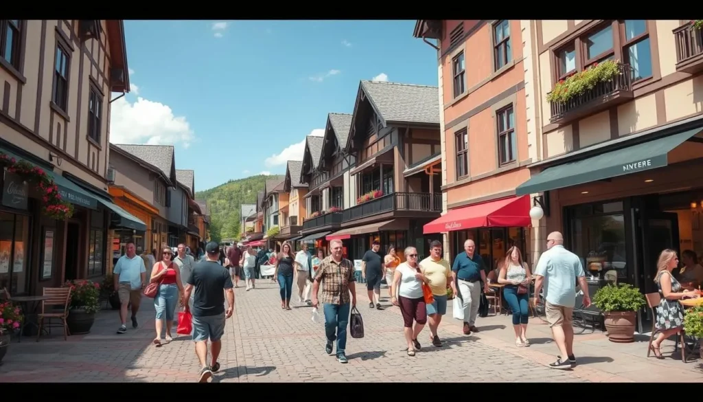 Blue Mountain Village pedestrian area with shops, restaurants and visitors exploring the resort
