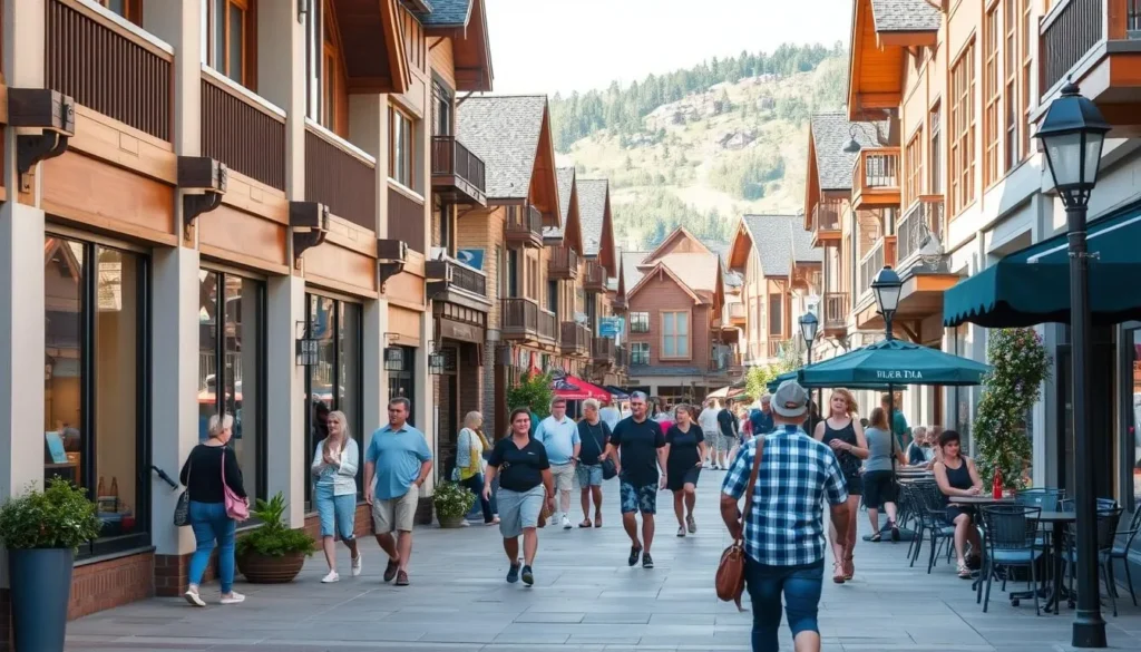 Blue Mountain Village shops and amenities with visitors exploring the pedestrian area
