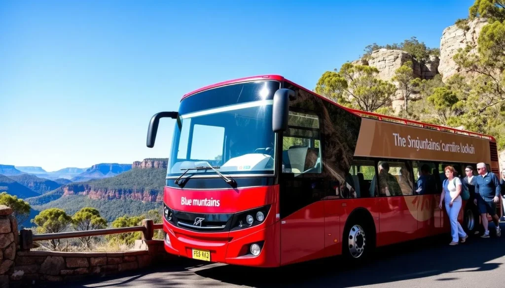 Blue Mountains Explorer Bus at a scenic lookout stop with tourists boarding Blue Mountains Explorer Bus at a scenic lookout stop with tourists boarding